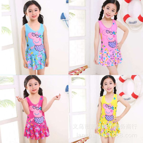 

children's swimsuit girl's one-piece baby primary school student's summer piggy, Blue