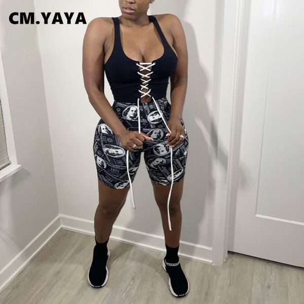 

women's shorts cm.yaya women print elastic mid waist stretchy skinny fashion casual high streetwear summer trousers 2021, White;black