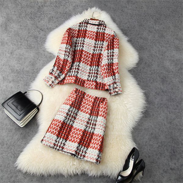 

autumn winter women's clothes runway fashion retro chess designers tweed wool coat and skirt suit piece, Black