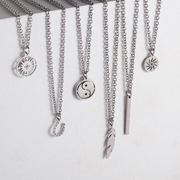 

punk stainless steel men necklace simple couples compass rectangular sun feather long chain pendant women choker gifts necklaces, Silver