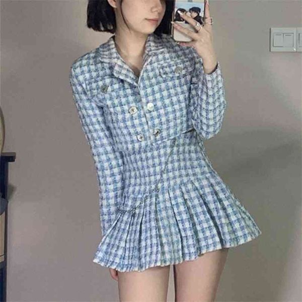 

fashion sweet elegant two piece set women crop tweed jacket coat + pleated mini skirt suits outfits 210514, White