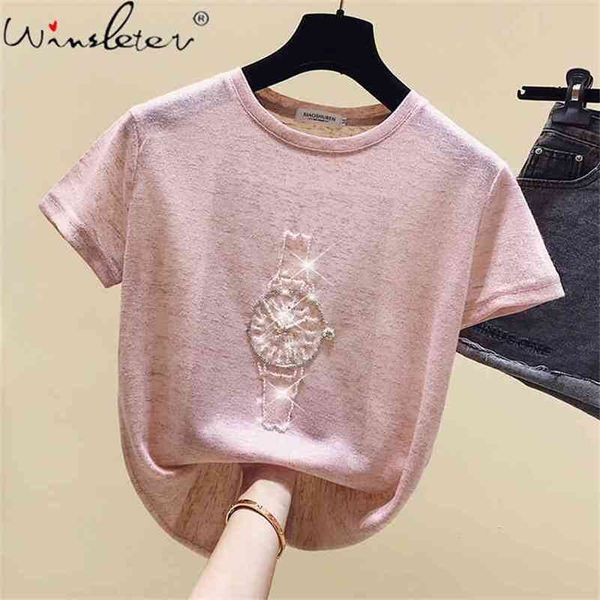 

pink watch beading t shirt women summer fashion t-shirt short sleeve cute tshirts casual korean female tee t07405b 210421, White