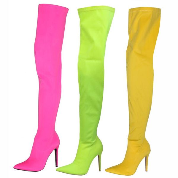 

dress shoes winter over the knee women boots stretch fabrics high heel slip on blue purple pointed toe woman long size 34-44, Black