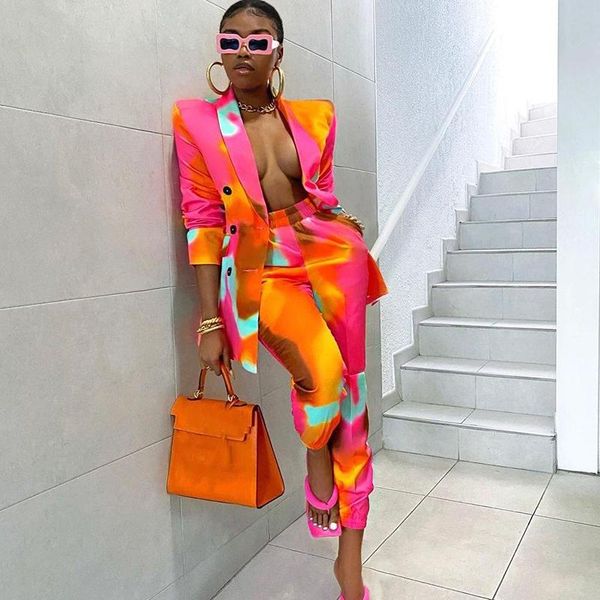 

women's two piece pants streetwear tie dye print women pieces set casual slim buttons long sleeve blazers & femme vintage outfit 70124, White