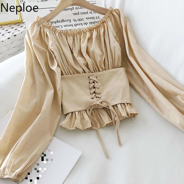 

women's blouses & shirts neploe 2021 women chiffon slash-neck sashes lantern sleeved strap waist bow off shoulder ladies casual 49888, White