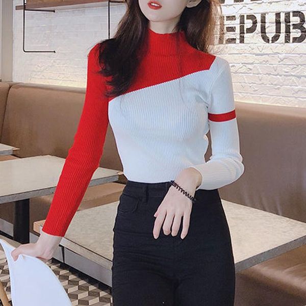 

women's sweaters women half turtleneck long sleeve knitted ribbed pullovers autumn winter slim splicing knitting basic, White;black