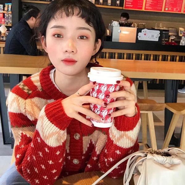 

women's sweaters autumn 2021 winter clothes women cardigan harajuku korean fashion personality vintage knit red christmas sweater, White;black