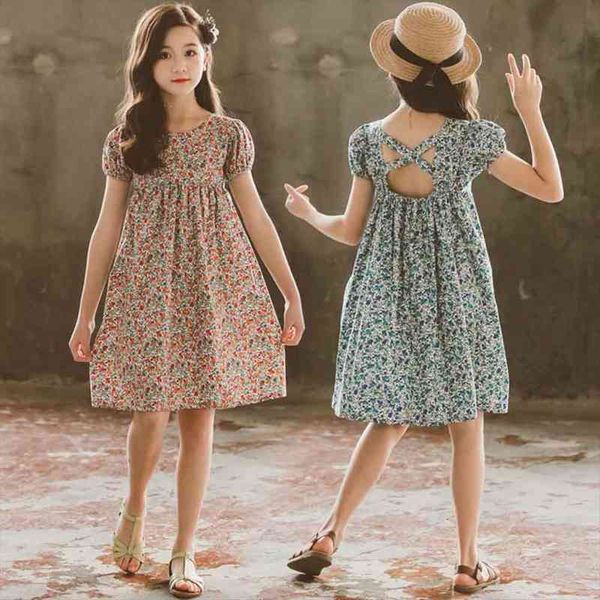 

girls floral dress 3-10y kids cotton vintage clothes childrens flower printed summer bubble sleeve princess dresses, Red;yellow