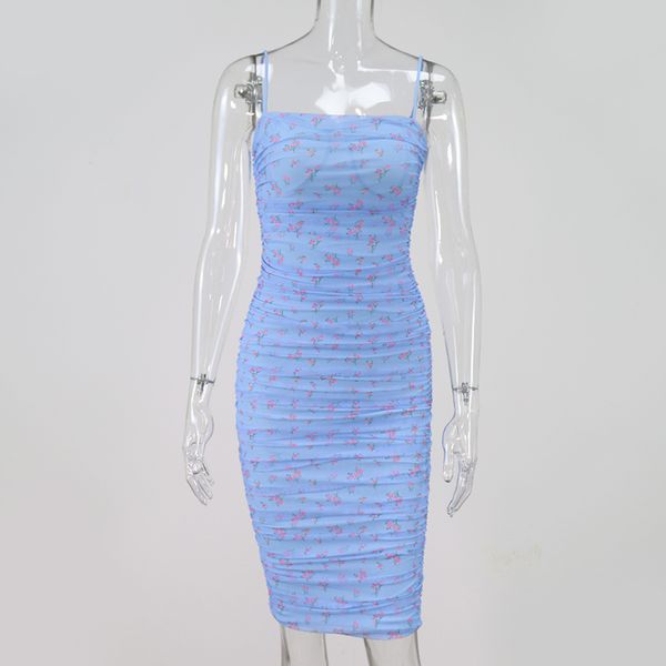 

2021newasia mesh women dress summer 2021 spaghetti straps knee-length elegant dress slim fit floral print ruched dresses blue, Black;gray