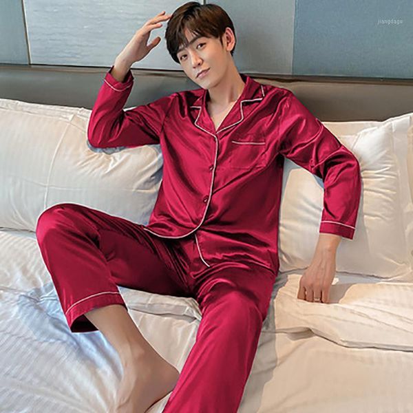 

men's sleepwear solid color pajamas rayon long button pajama set casual wear large size, Black;brown