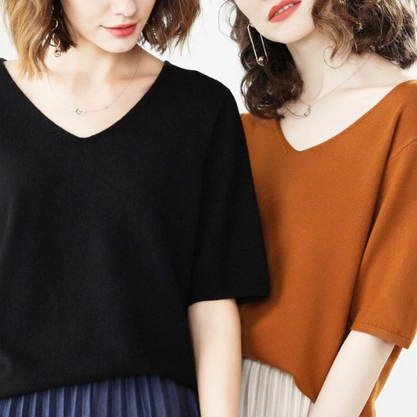 

women's sweaters spring autumn thin section v-neck sweater female solid color short-sleeved pullover loose korean of the knit bottoming, White;black
