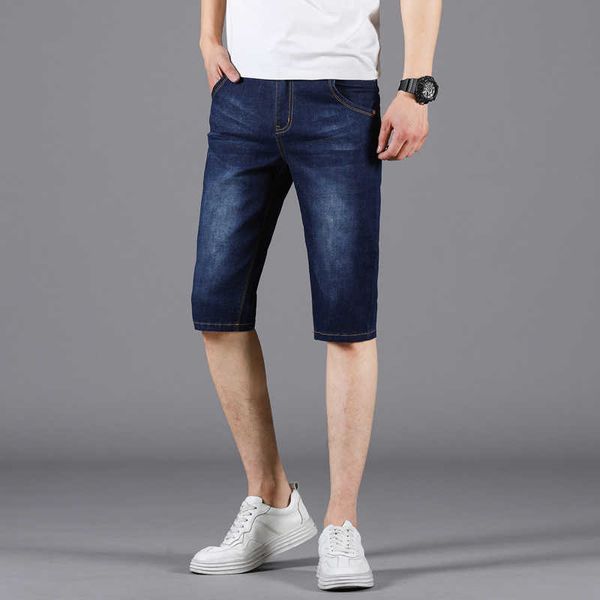 

slim men's fit elastic 5-point jeans pants men's loose casual trend in summer, Blue