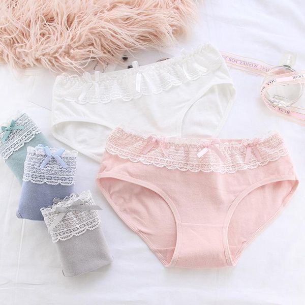 

japanese style intimates underwear mid-waist briefs sweet lace bow panties female soft lingerie women's, Black;pink