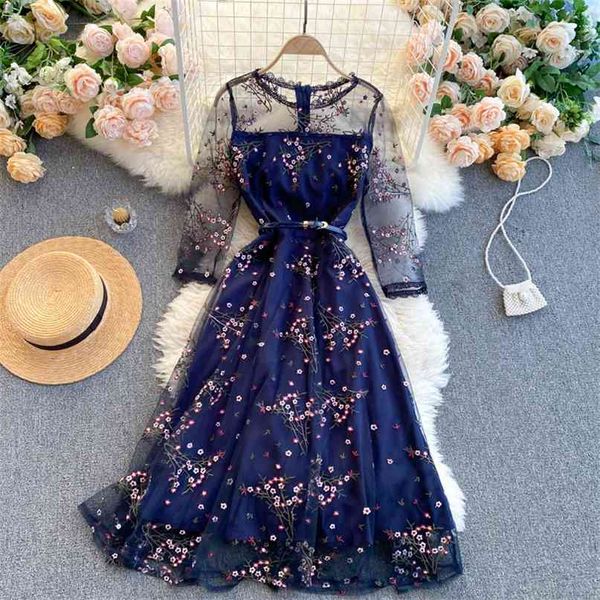 Donne Fashion Elegante Elegante Femmine A-Line Dress Neck Manica lunga Garza Plum Blossom Ricamo Vestidos R287 210527