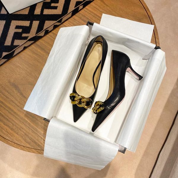 

dress shoes minority original metal buckle chain pointed high heel single women's thin heels, Black
