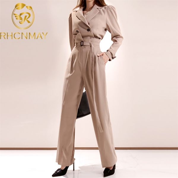 Элегантный бизнес 2 штуки набор ретро хаки весенние женские женские ослабесы двубортные вершины и длинные брюки OL рабочая одежда 210506