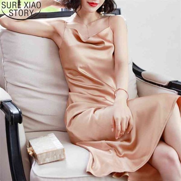 

sleeveless spaghetti strap dress midi long women summer es backless silk satin es v neck female robe 13204 210506, Black;gray