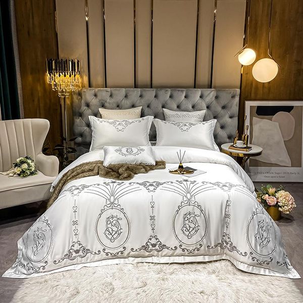 

bedding sets luxury white 60s satin silk cotton silver embroidery set soft silky duvet cover flat/fitted sheet pillowcases