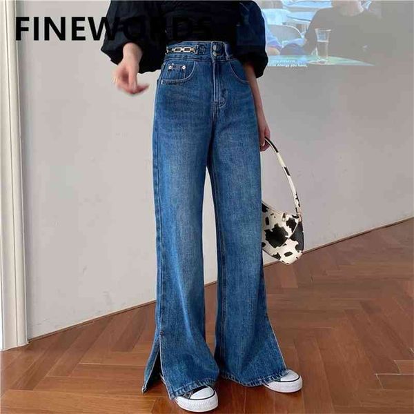 

fiords straight bottom split woman jeans high waist casual loose wide leg jean autumn winter classic blue vintage 210629