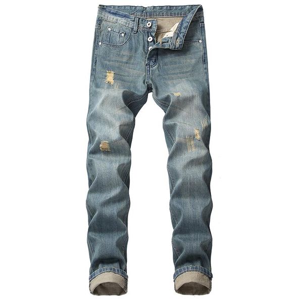 

men's jeans classic wash water distressed light blue ripped hole cat beard self-cultivation european and american high street male