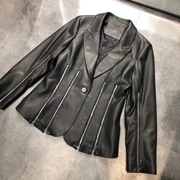 

women's leather & faux real sheep blazer genuine lambskin jacket, Black