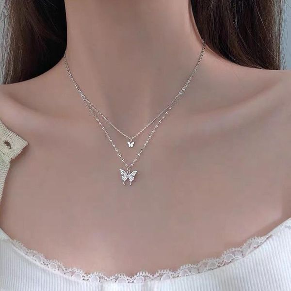 

pendant necklaces shiny butterfly necklace for women dainty double layer clavicle chain wedding birthday jewelry gift, Silver