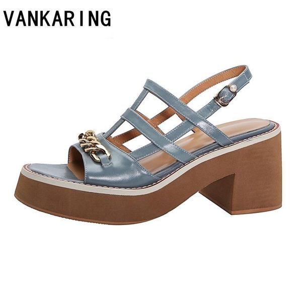 

sandals 2021 summer shoes woman thick platform women genuine leather buckle casual open toe gladiator wedges, Black