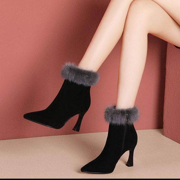 

boots 2021 short woman winter shoes real fur thin heeled pointed toe ankle boot size zipper female footware black