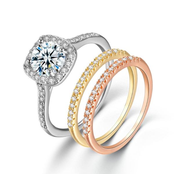 

3pcs/set large cubic zirconia wedding rings for women silver color crystal lady elegant engagement luxury ring gift jewelry cluster, Golden;silver