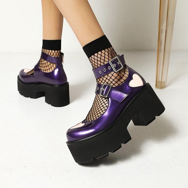 

ultra-high waterproof platform purple shiny patent leather street punk style pumps cross metal buckle ultra-thick thick-heeled dress shoes, Black