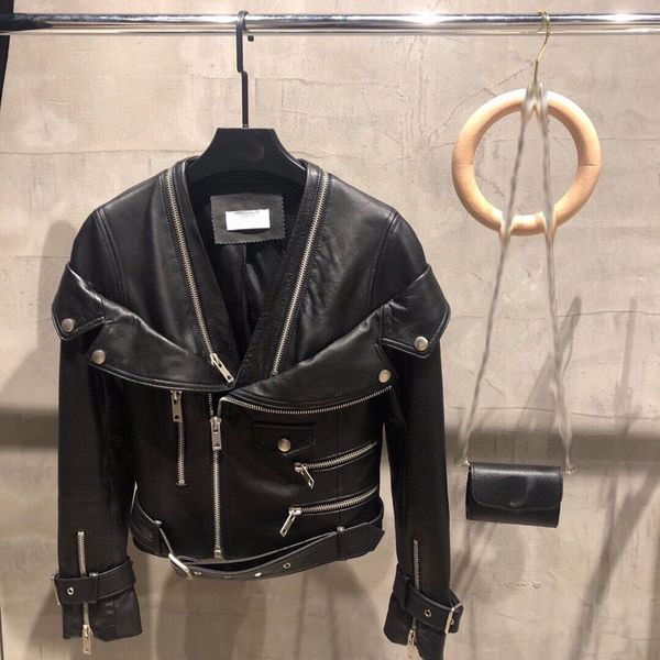 

shorts autumn winter brand designer women real sheepskin jackets v-neck motocycle black short genuine leather coats a88, White;black