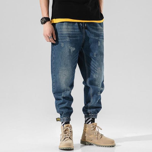 

fashion men jeans plus size denim joggers loose baggy harem pants elastic waist blue trousers male clothing men's