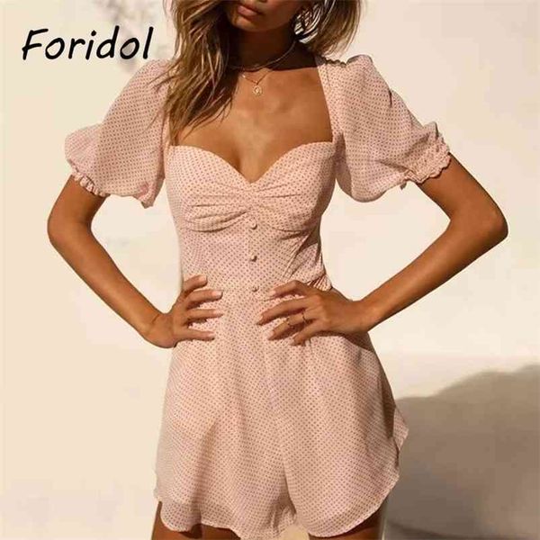 Polka Dot Pembe Romper Tulum Kadınlar Puf Kol Düğme Up Şifon Kısa Tulum Playsuit Geniş Bacak Plaj Yaz 210427