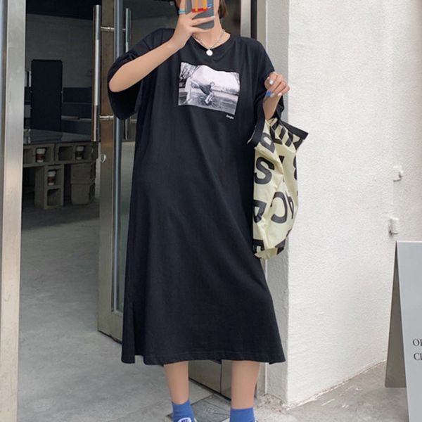 Корейская летняя мода элегантная личность свободный черный дом Большой размер напечатанный шаблон с коротким рукавом платье 16F1143 210510