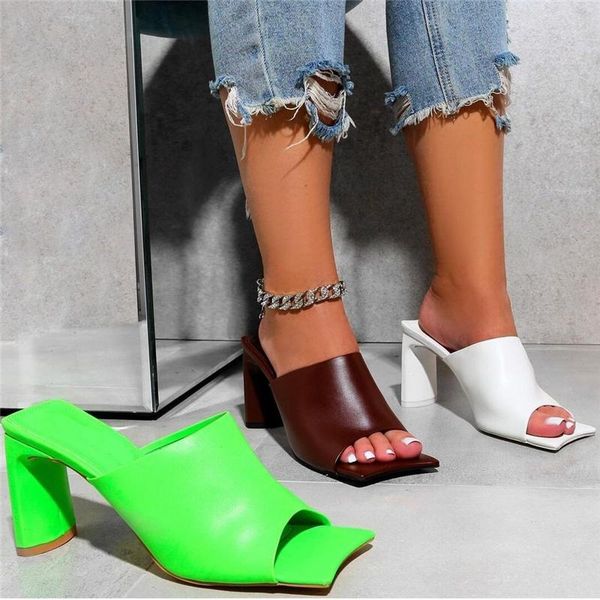 

casual women slides female muller summer square toe slip on sandals lady green 9cm high heels slippers prom sandles shoes, Black