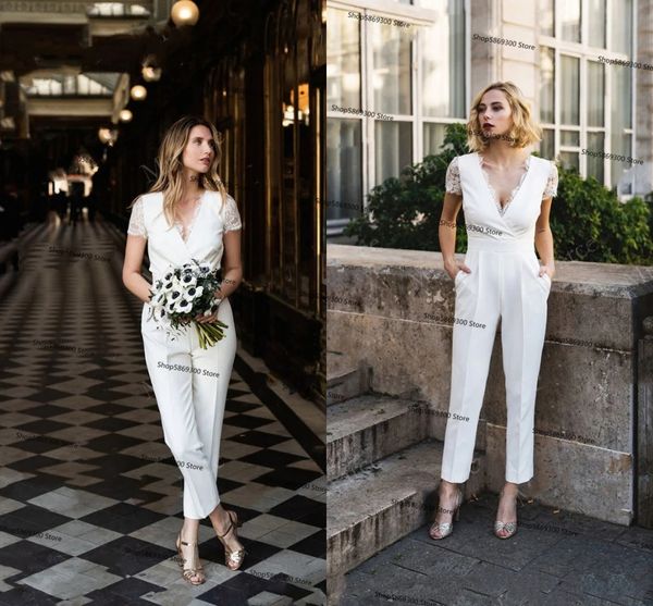 

modern bride lace crepe wedding jumpsuit dress v neck cap sleeve bohemian country bridal gown pant suit, White