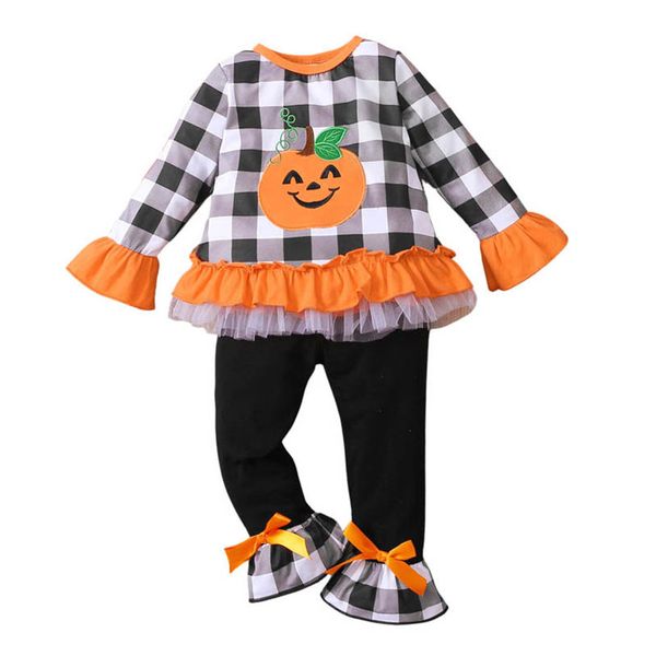 

infant clothing sets girls outfits baby clothes children spring autumn halloween pumpkin lace print long-sleeved t-shirts flared trousers 2p, White