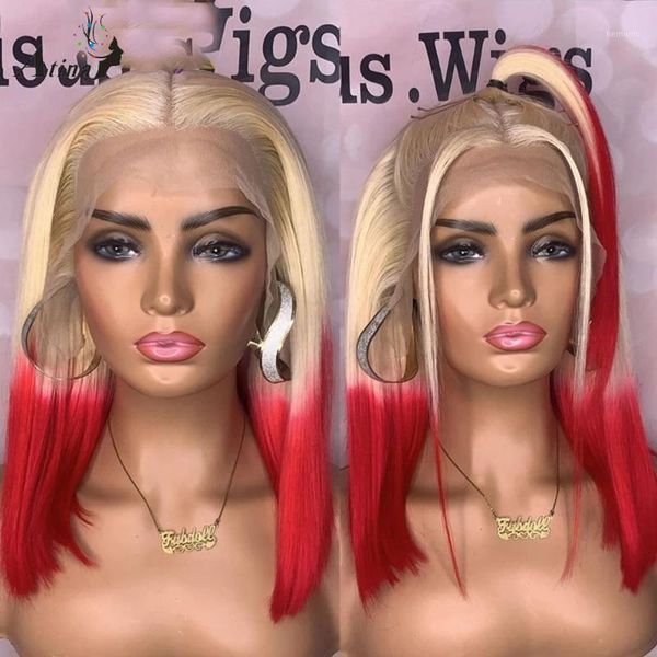 

remy blunt cut ombre 613 blonde color red hd transparent human hair wigs straight bob preplucked wig for black women 150 density1, Black;brown