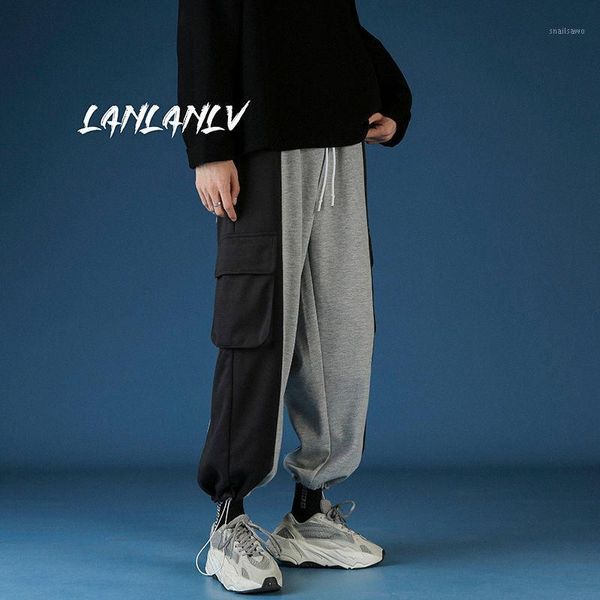 

korean style men's fashion trend stitching casual pants male streetwear trousers loose black color joggers sweatpants m-2xl