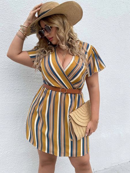 

plus striped surplice neck dress without belt v3jx#, Black