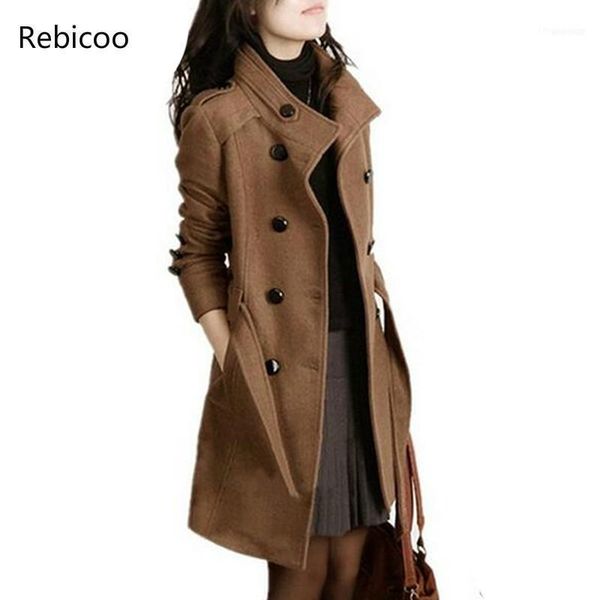 

women trench woolen coat winter slim double breasted overcoat coats long outerwear for plus size coat1, Black