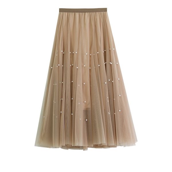 

spring elastic high waist slimming simple princess mesh skirt all-match casual women a-line long 210527, Black