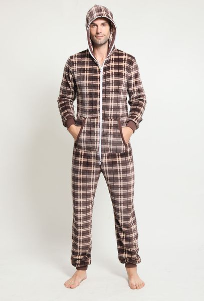 

Sleepwear Fashion Pajamas Men' Flannel Plaid One-piece Housewear, Coffee check