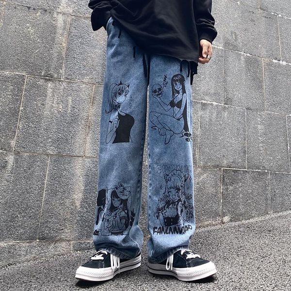 

women's jeans vintage washed women streetwear harajuku cartoon anime print fashion man loose wide leg pants cotton, Blue