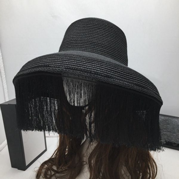 

wide brim hats retro hats black tassel stage big eaves female sun fashion show little and mystery of the face 4sv4, Blue;gray