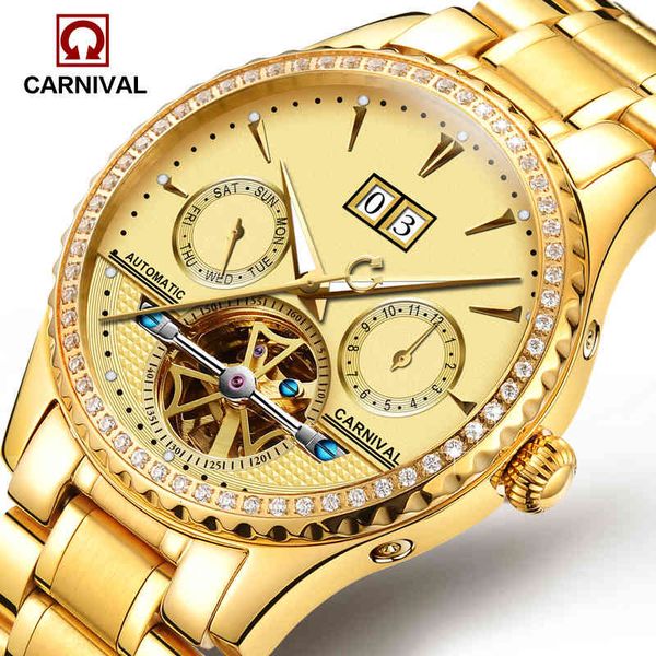 

carnival mark gold automatic watches men's fashion luxury waterproof brightness sapphire calendar mechanical clock relogio masculino, Slivery;brown
