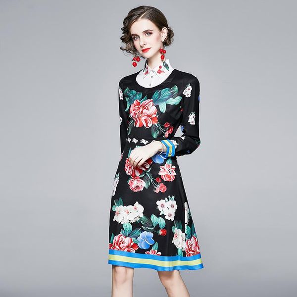 

casual dresses women elegant spring fashion runway floral print long sleeve clothes turn down collar aline vintage robe femme vestidos, Black;gray