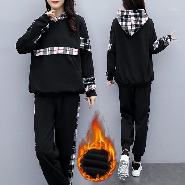

two piece dress large plus size 4xl women sports suit black tracksuit thicken sweatshirt+pants set fashion sportwear warm matching, White