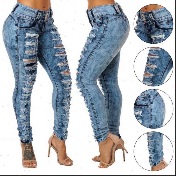 

high waist pencil womens jean casual blue ripped denim pants long skinny slim