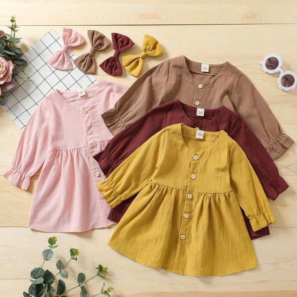 

girl's dresses 2pcs kids baby girls casual dress toddler princess solid color long sleeves single-breasted dress+bow hair clip for, Red;yellow